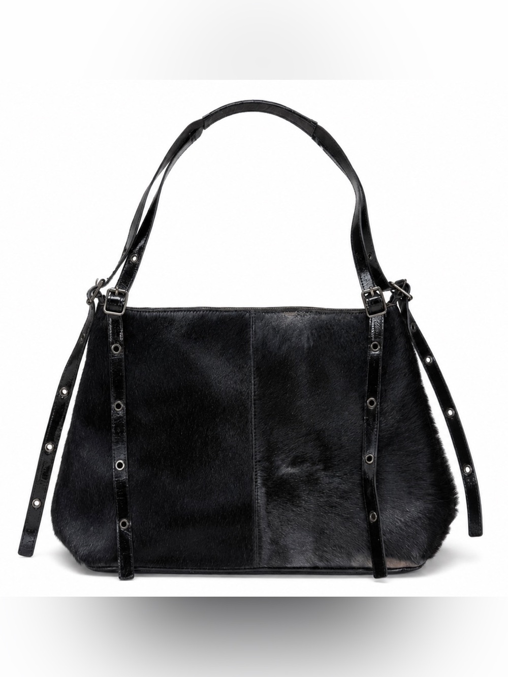 Plinio Visona Black Leather Shoulder Bag Italian Calf Hair Patent Grommet Goth